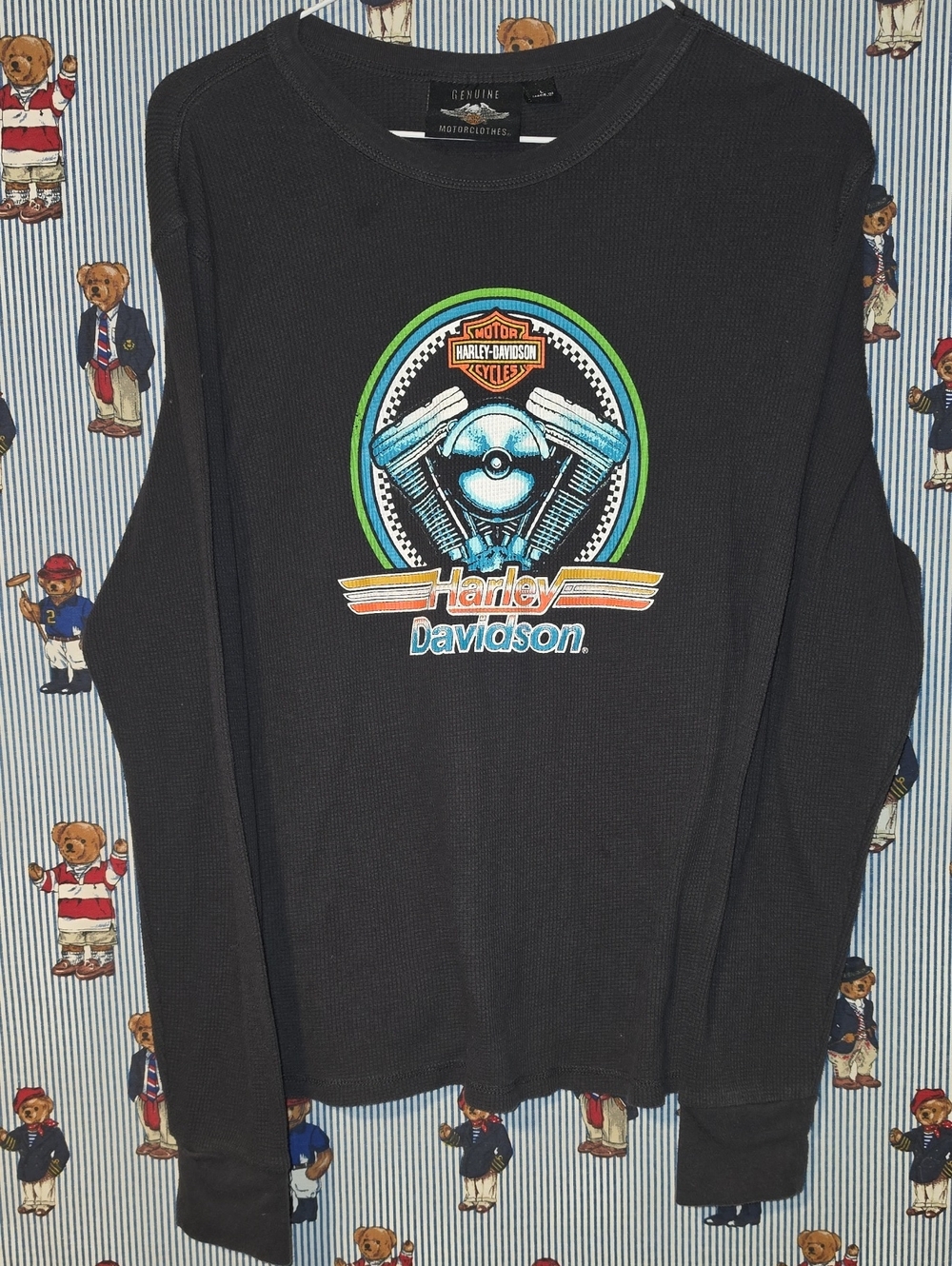 Vintage 80s Harley-Davidson Motor Long-sleeve Waffle-knit Thermal Shirt Large